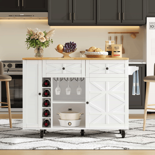 Ilha de cozinha 120x45(70)x89 cm - Com rodas bloqueáveis, prateleira para portas, vinoteca e porta-copos - Branco