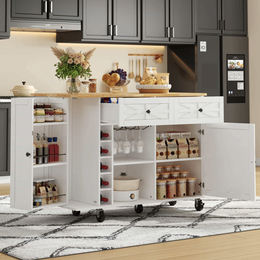 Ilha de cozinha 120x45(70)x89 cm - Com rodas bloqueáveis, prateleira para portas, vinoteca e porta-copos - Branco