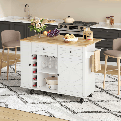 Ilha de cozinha 120x45(70)x89 cm - Com rodas bloqueáveis, prateleira para portas, vinoteca e porta-copos - Branco