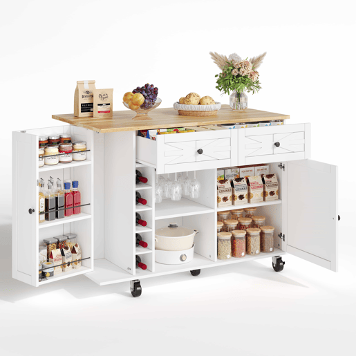 Ilha de cozinha 120x45(70)x89 cm - Com rodas bloqueáveis, prateleira para portas, vinoteca e porta-copos - Branco