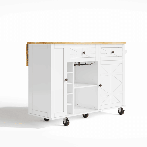 Ilha de cozinha 120x45(70)x89 cm - Com rodas bloqueáveis, prateleira para portas, vinoteca e porta-copos - Branco