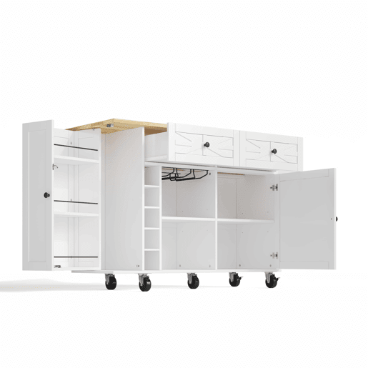 Ilha de cozinha 120x45(70)x89 cm - Com rodas bloqueáveis, prateleira para portas, vinoteca e porta-copos - Branco