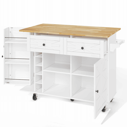 Ilha de cozinha 120x45(70)x89 cm - Com rodas bloqueáveis, prateleira para portas, vinoteca e porta-copos - Branco
