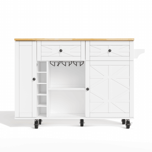 Ilha de cozinha 120x45(70)x89 cm - Com rodas bloqueáveis, prateleira para portas, vinoteca e porta-copos - Branco