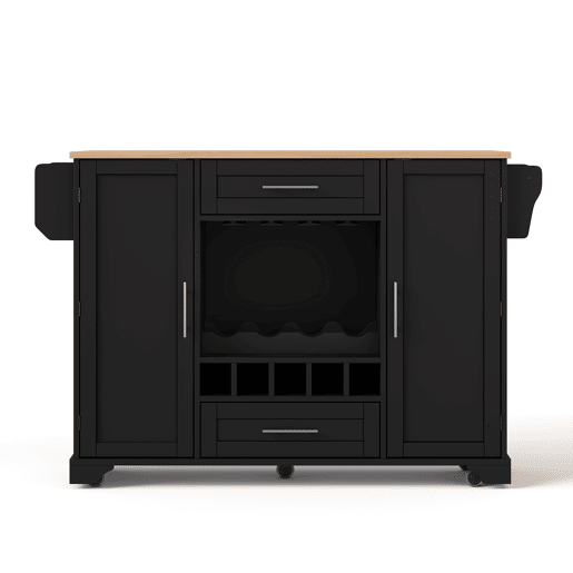 Carrinho de cozinha 120x4570x92 cm - Com prateleira para vinho, suporte para copos, porta-temperos e toalheiro - Preto e Natural