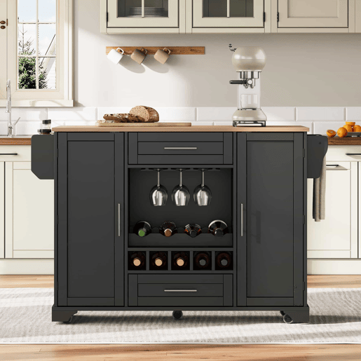 Carrinho de cozinha 120x4570x92 cm - Com prateleira para vinho, suporte para copos, porta-temperos e toalheiro - Preto e Natural
