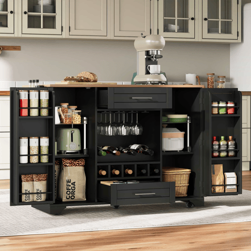 Carrinho de cozinha 120x4570x92 cm - Com prateleira para vinho, suporte para copos, porta-temperos e toalheiro - Preto e Natural