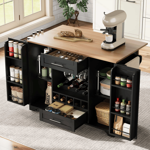 Carrinho de cozinha 120x4570x92 cm - Com prateleira para vinho, suporte para copos, porta-temperos e toalheiro - Preto e Natural