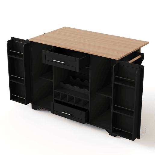 Carrinho de cozinha 120x4570x92 cm - Com prateleira para vinho, suporte para copos, porta-temperos e toalheiro - Preto e Natural