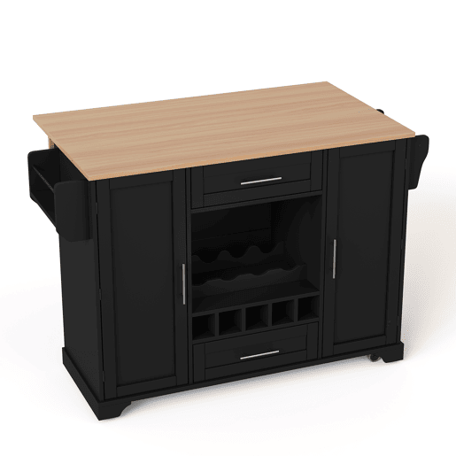 Carrinho de cozinha 120x4570x92 cm - Com prateleira para vinho, suporte para copos, porta-temperos e toalheiro - Preto e Natural