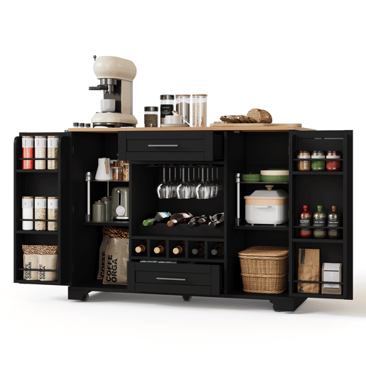 Carrinho de cozinha 120x4570x92 cm - Com prateleira para vinho, suporte para copos, porta-temperos e toalheiro - Preto e Natural