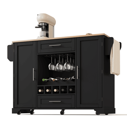 Carrinho de cozinha 120x4570x92 cm - Com prateleira para vinho, suporte para copos, porta-temperos e toalheiro - Preto e Natural