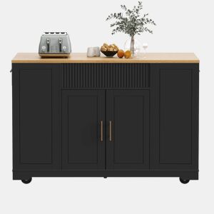 Ilha de cozinha com rodas 120x50x92 cm - Com compartimento para lixo, 2 portas e 3 gavetas - Preto
