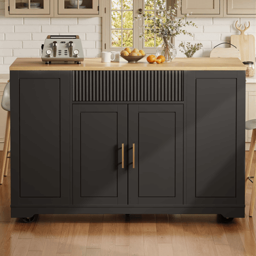Ilha de cozinha com rodas 120x50x92 cm - Com compartimento para lixo, 2 portas e 3 gavetas - Preto