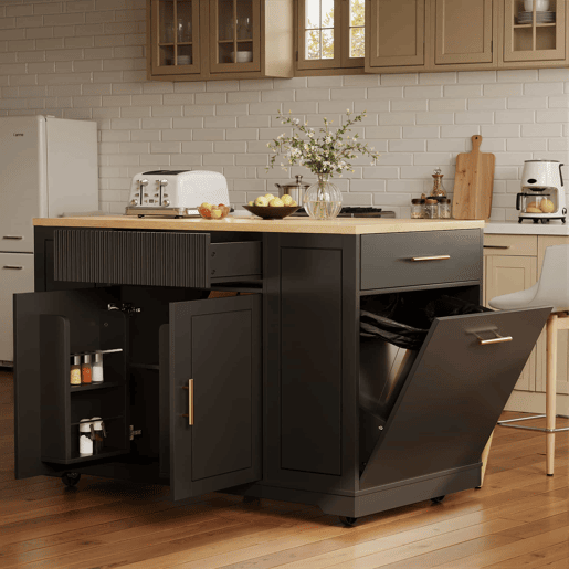 Ilha de cozinha com rodas 120x50x92 cm - Com compartimento para lixo, 2 portas e 3 gavetas - Preto