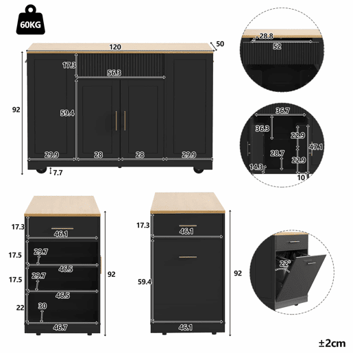 Ilha de cozinha com rodas 120x50x92 cm - Com compartimento para lixo, 2 portas e 3 gavetas - Preto