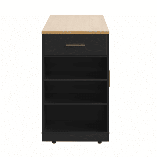Ilha de cozinha com rodas 120x50x92 cm - Com compartimento para lixo, 2 portas e 3 gavetas - Preto