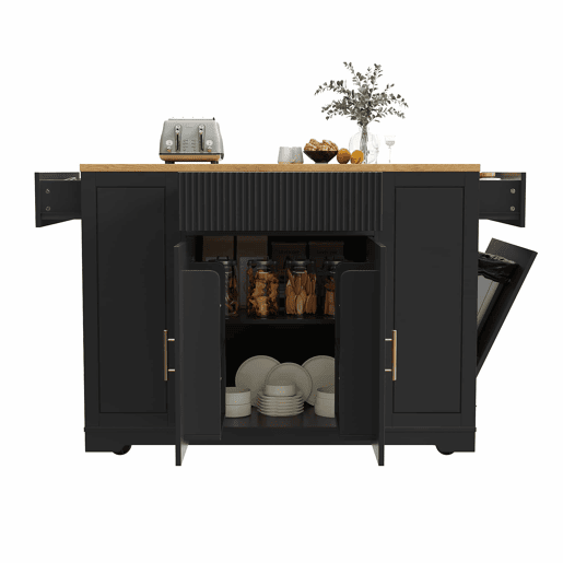 Ilha de cozinha com rodas 120x50x92 cm - Com compartimento para lixo, 2 portas e 3 gavetas - Preto