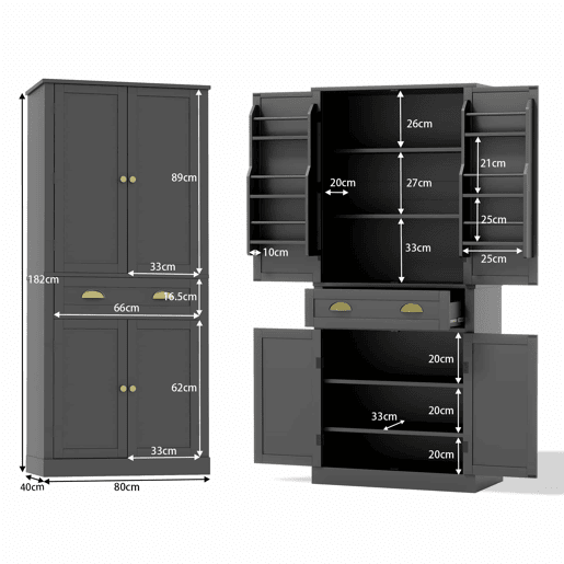 Armário de arrumação 182 cm - 4 portas, 1 gaveta, 2 portas com prateleiras, 6 compartimentos e 4 prateleiras ajustáveis - Preto