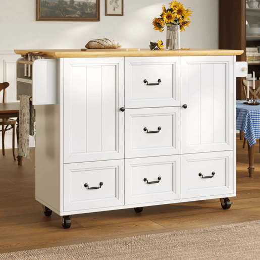 Ilha de cozinha 120x73x93 cm - Móvel com rodas, prateleira ajustável, 2 portas, 5 gavetas, branco