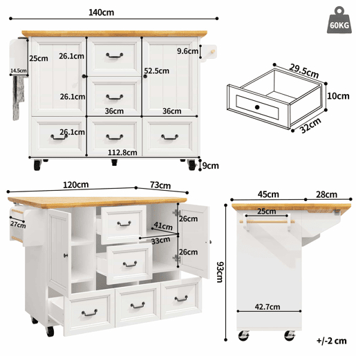 Ilha de cozinha 120x73x93 cm - Móvel com rodas, prateleira ajustável, 2 portas, 5 gavetas, branco