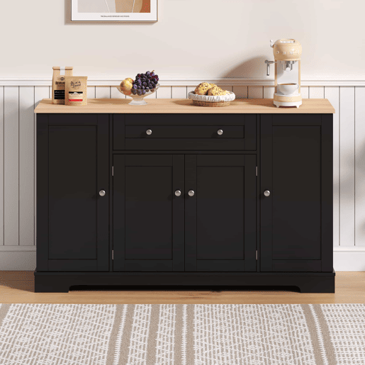 Buffet multifuncional 138 cm - Com gaveta, portas com prateleiras e prateleiras ajustáveis - Preto