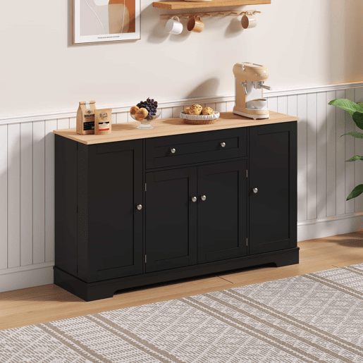 Buffet multifuncional 138 cm - Com gaveta, portas com prateleiras e prateleiras ajustáveis - Preto