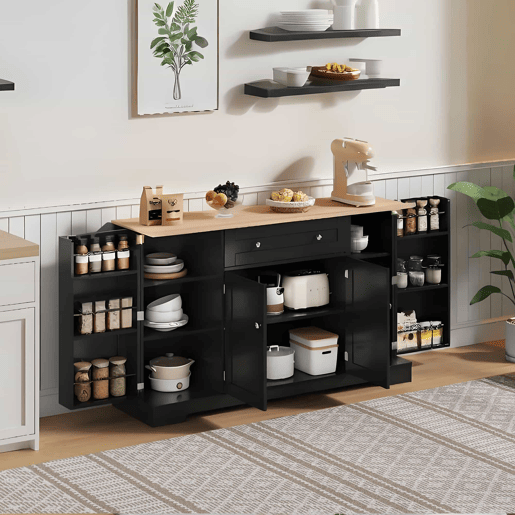 Buffet multifuncional 138 cm - Com gaveta, portas com prateleiras e prateleiras ajustáveis - Preto