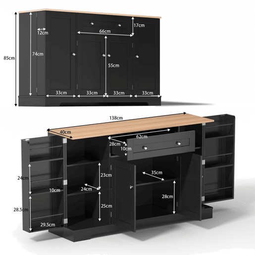 Buffet multifuncional 138 cm - Com gaveta, portas com prateleiras e prateleiras ajustáveis - Preto