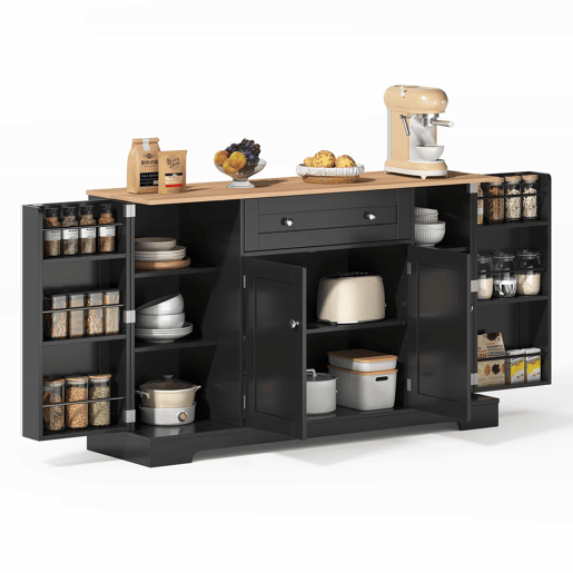 Buffet multifuncional 138 cm - Com gaveta, portas com prateleiras e prateleiras ajustáveis - Preto