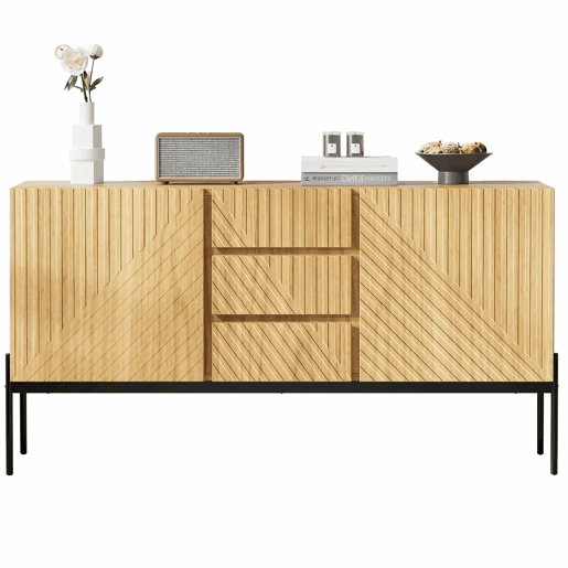 Aparador 140x40x75 cm - 2 portas, 3 gavetas, design com linhas - Natural