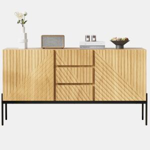 Aparador 140x40x75 cm - 2 portas, 3 gavetas, design com linhas - Natural