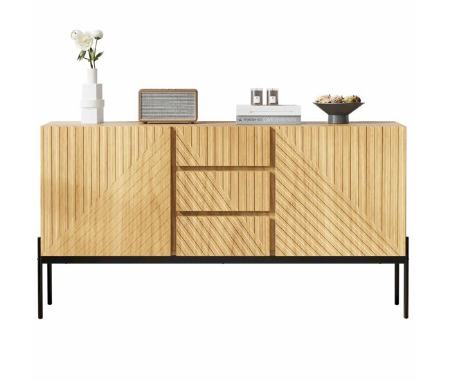 Aparador 140x40x75 cm - 2 puertas, 3 cajones, diseño líneas - natural