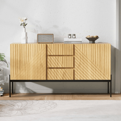 Aparador 140x40x75 cm - 2 portas, 3 gavetas, design com linhas - Natural