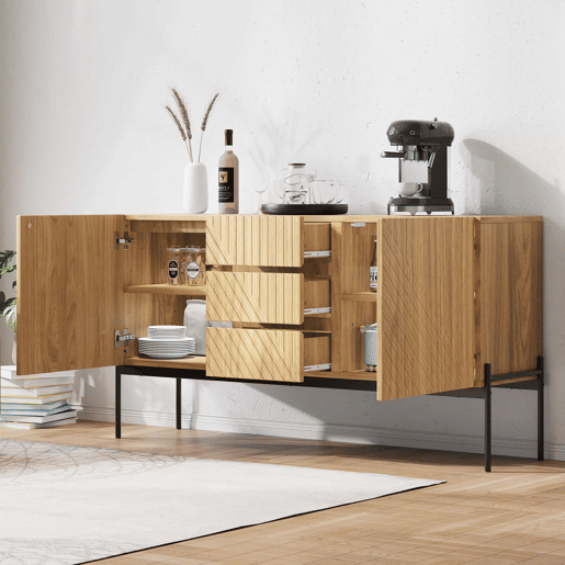 Aparador 140x40x75 cm - 2 portas, 3 gavetas, design com linhas - Natural