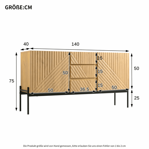 Aparador 140x40x75 cm - 2 portas, 3 gavetas, design com linhas - Natural