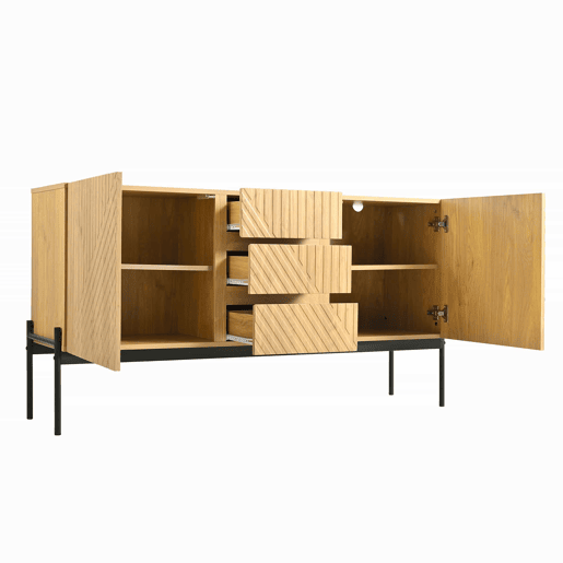 Aparador 140x40x75 cm - 2 portas, 3 gavetas, design com linhas - Natural