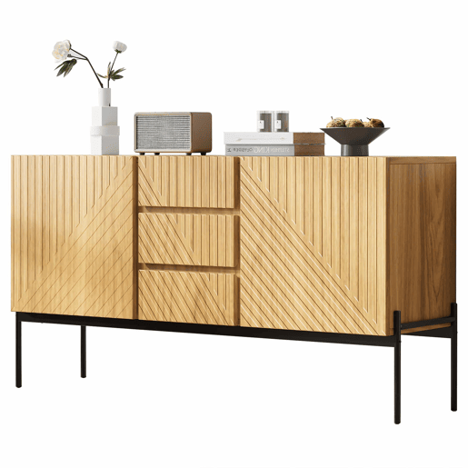 Aparador 140x40x75 cm - 2 portas, 3 gavetas, design com linhas - Natural