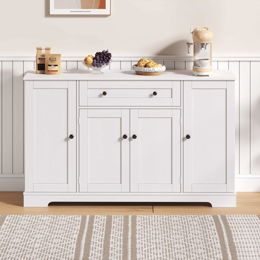 Buffet multifuncional 138 cm - Com gaveta, portas de prateleira e prateleiras ajustáveis - Branco
