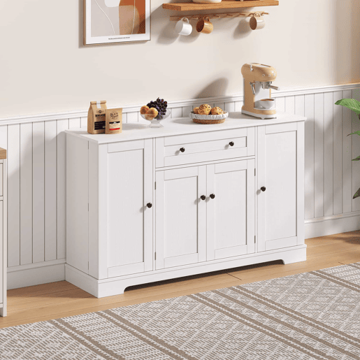 Buffet multifuncional 138 cm - Com gaveta, portas de prateleira e prateleiras ajustáveis - Branco