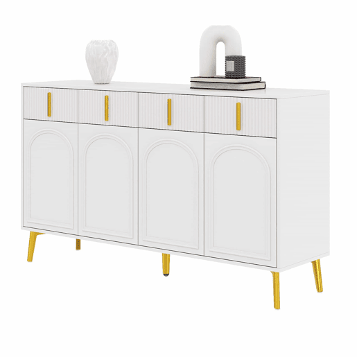 Aparador 140x37,8x82 cm - 4 portas, 4 gavetas, com laminado removível e pés dourados - Branco