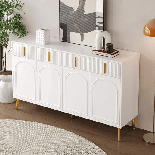 Aparador 140x37,8x82 cm - 4 portas, 4 gavetas, com laminado removível e pés dourados - Branco