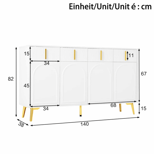 Aparador 140x37,8x82 cm - 4 portas, 4 gavetas, com laminado removível e pés dourados - Branco
