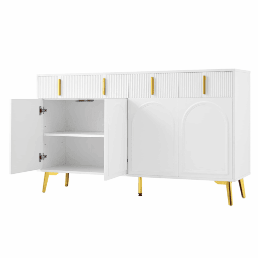 Aparador 140x37,8x82 cm - 4 portas, 4 gavetas, com laminado removível e pés dourados - Branco