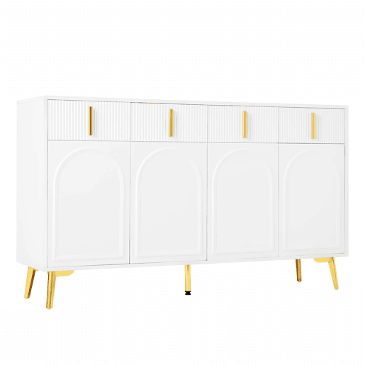 Aparador 140x37,8x82 cm - 4 portas, 4 gavetas, com laminado removível e pés dourados - Branco