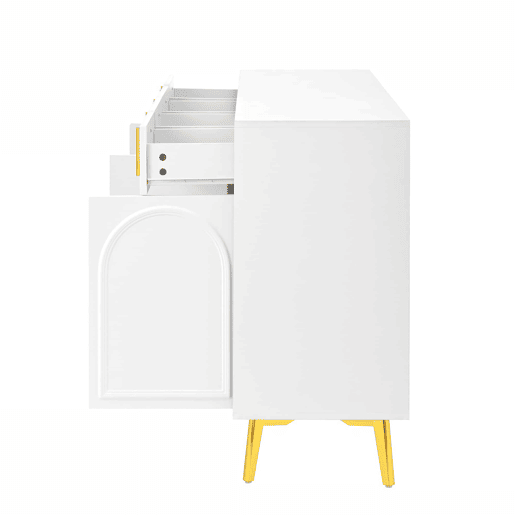 Aparador 140x37,8x82 cm - 4 portas, 4 gavetas, com laminado removível e pés dourados - Branco