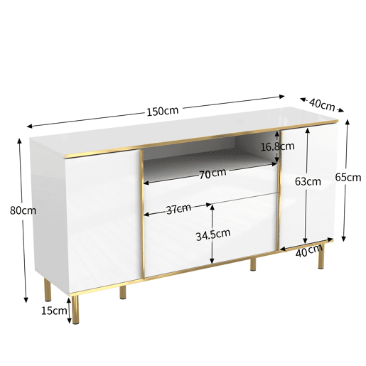 Aparador 150x40x80 cm - Cômoda brilhante com 1 gaveta - Branco
