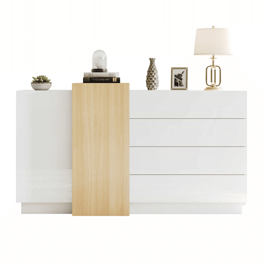 Aparador branco alto brilho - Armário moderno para sala de jantar com arrumação - Cor madeira