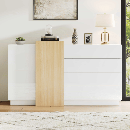 Aparador branco alto brilho - Armário moderno para sala de jantar com arrumação - Cor madeira