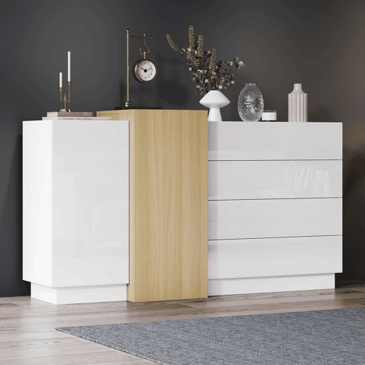 Aparador branco alto brilho - Armário moderno para sala de jantar com arrumação - Cor madeira